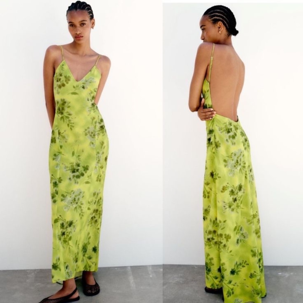 NWT Zara Green Tie Dye Leaf Open Back Maxi Sun Dress Size S